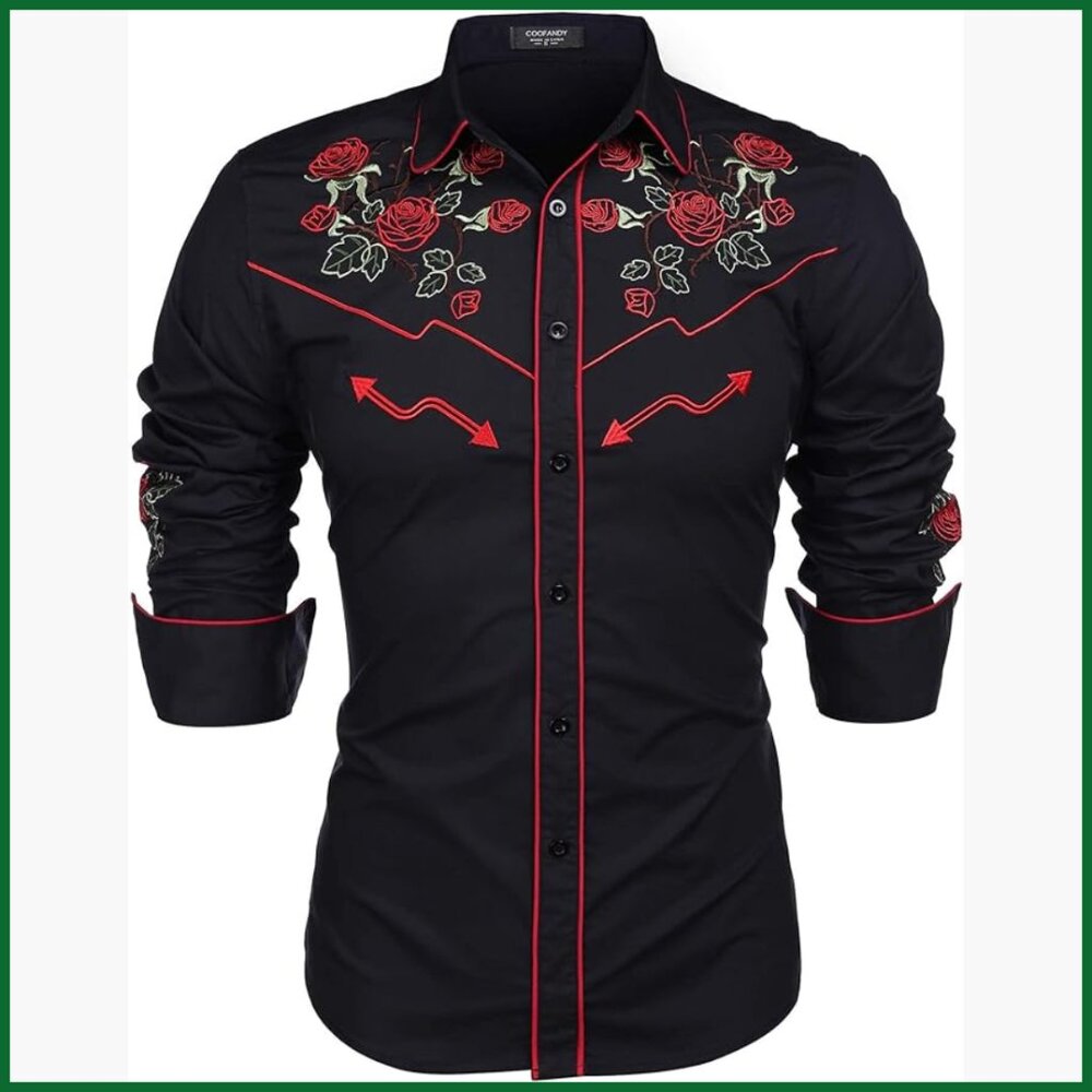 Slim Fit Cotton Casual Button Down Shirt with Embroidered Western Design